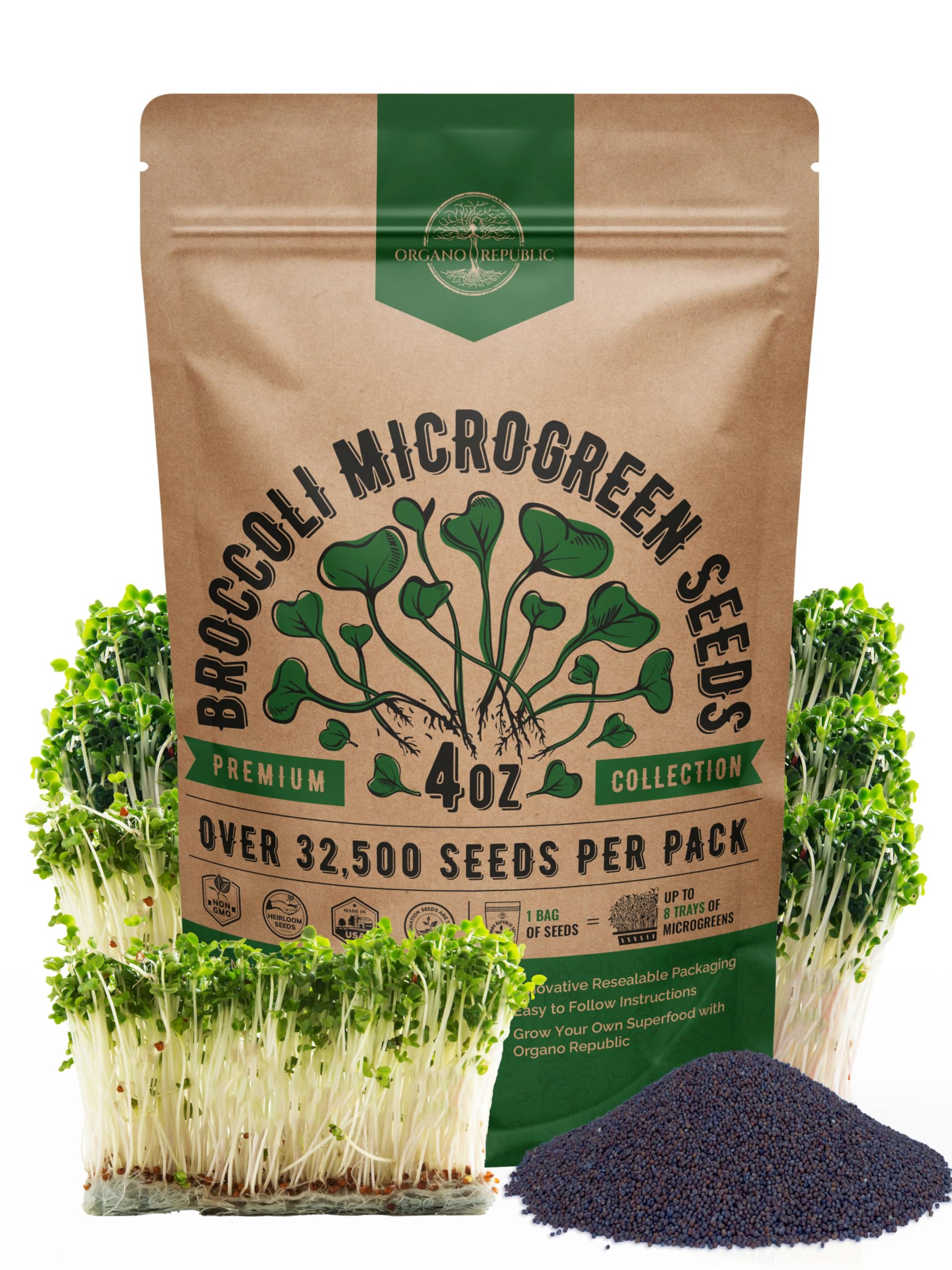Organo Republic Broccoli Sprouting Seeds 4oz resealable bag front view