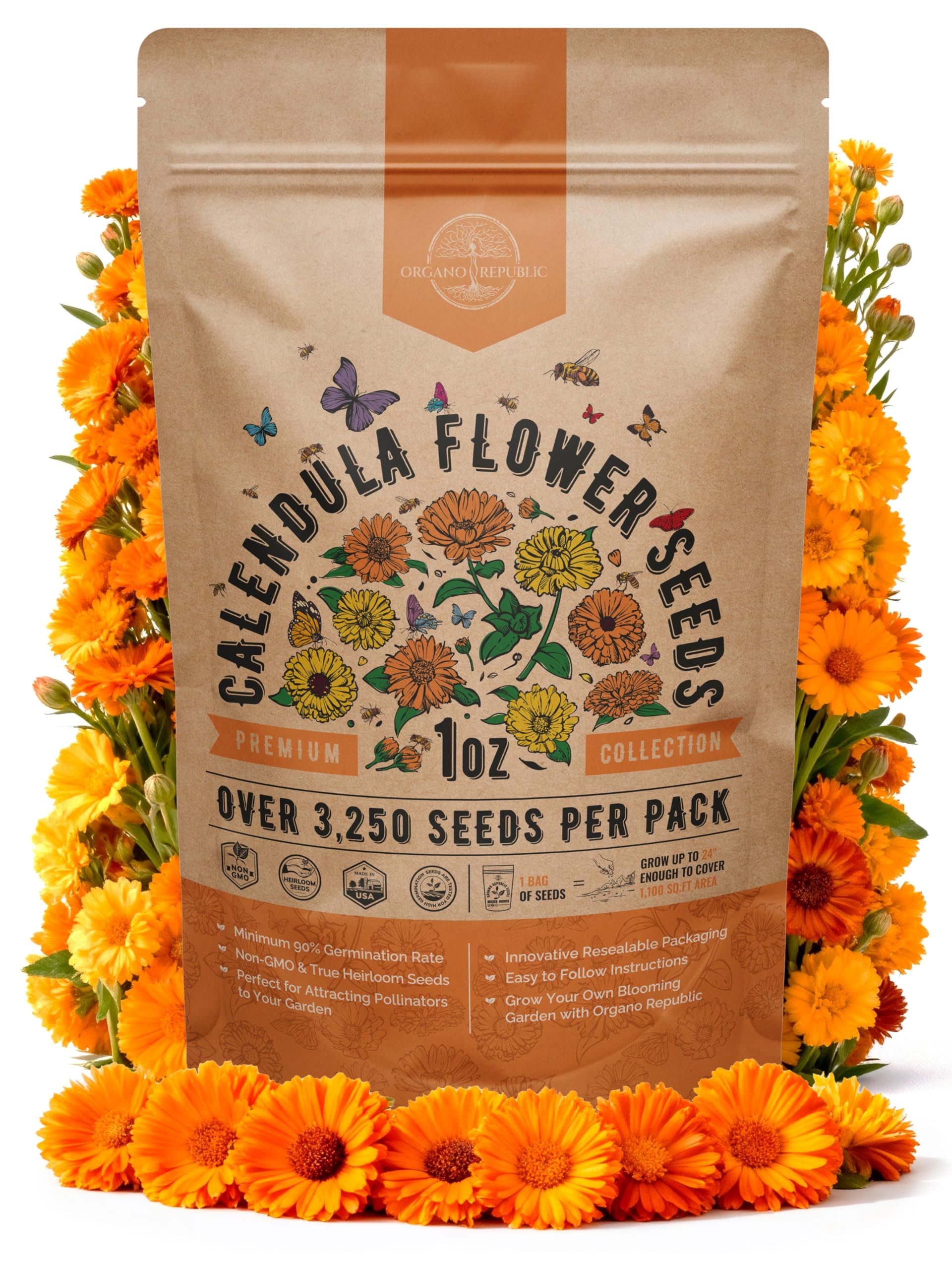 Organo Republic Calendula Seeds Pack front view with resealable bag