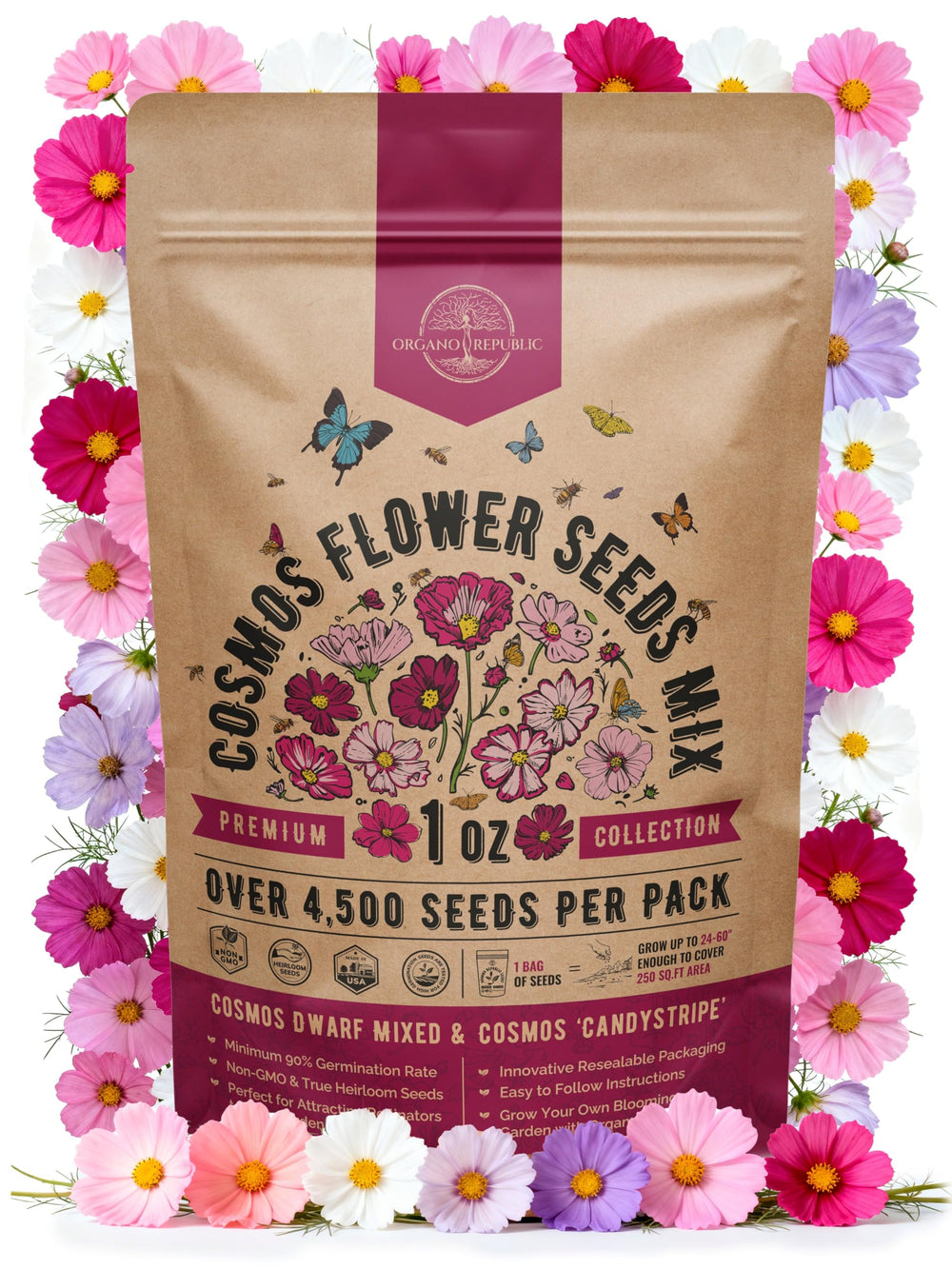 Organo Republic Cosmos flower seeds pack front view, resealable bag