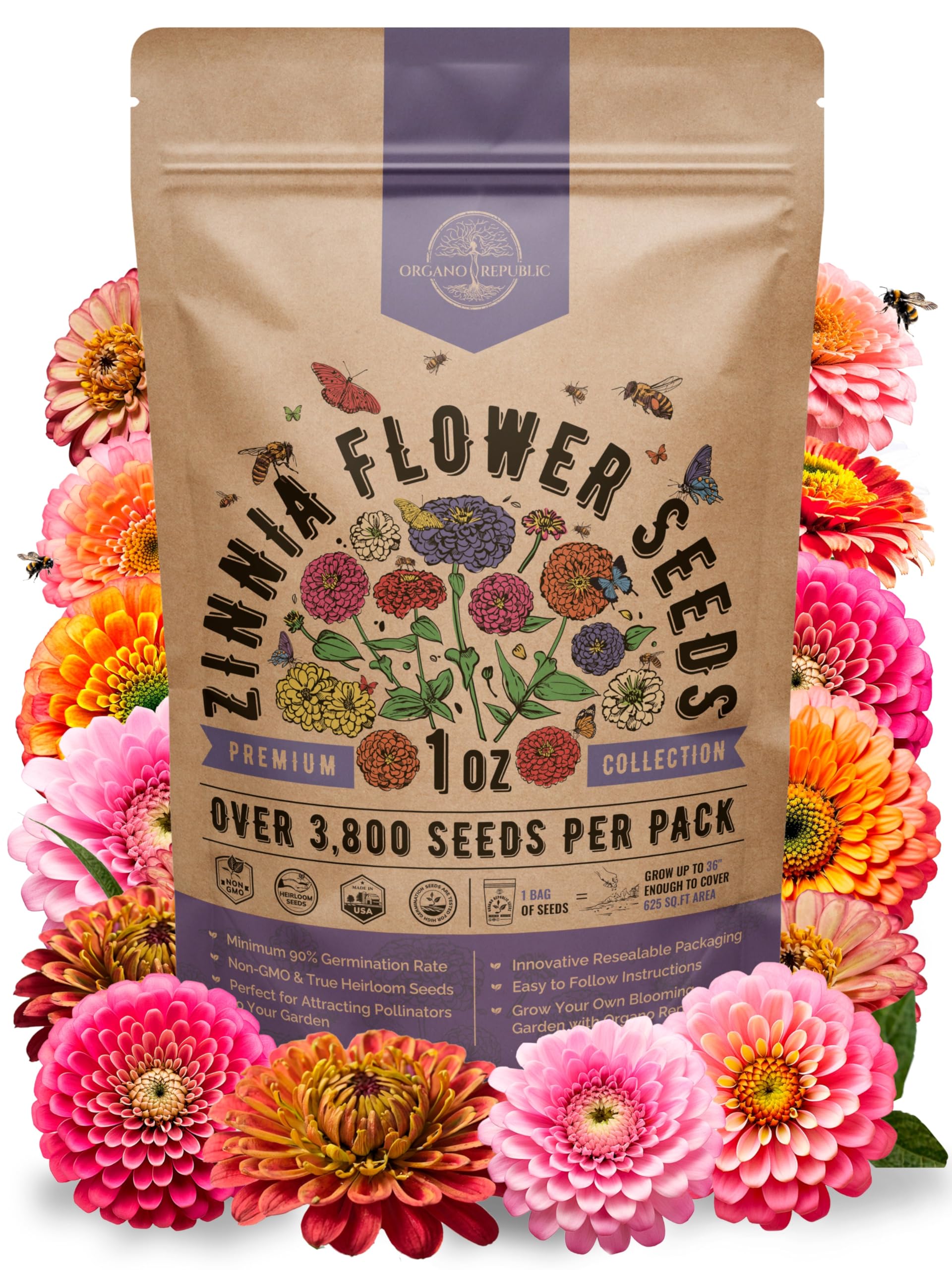 Organo Republic Zinnia Seeds Pack front view with resealable bag