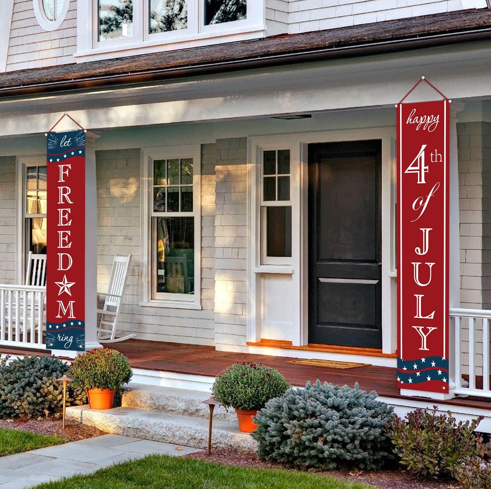 ORIENTAL CHERRY flag displayed on a porch for Independence Day