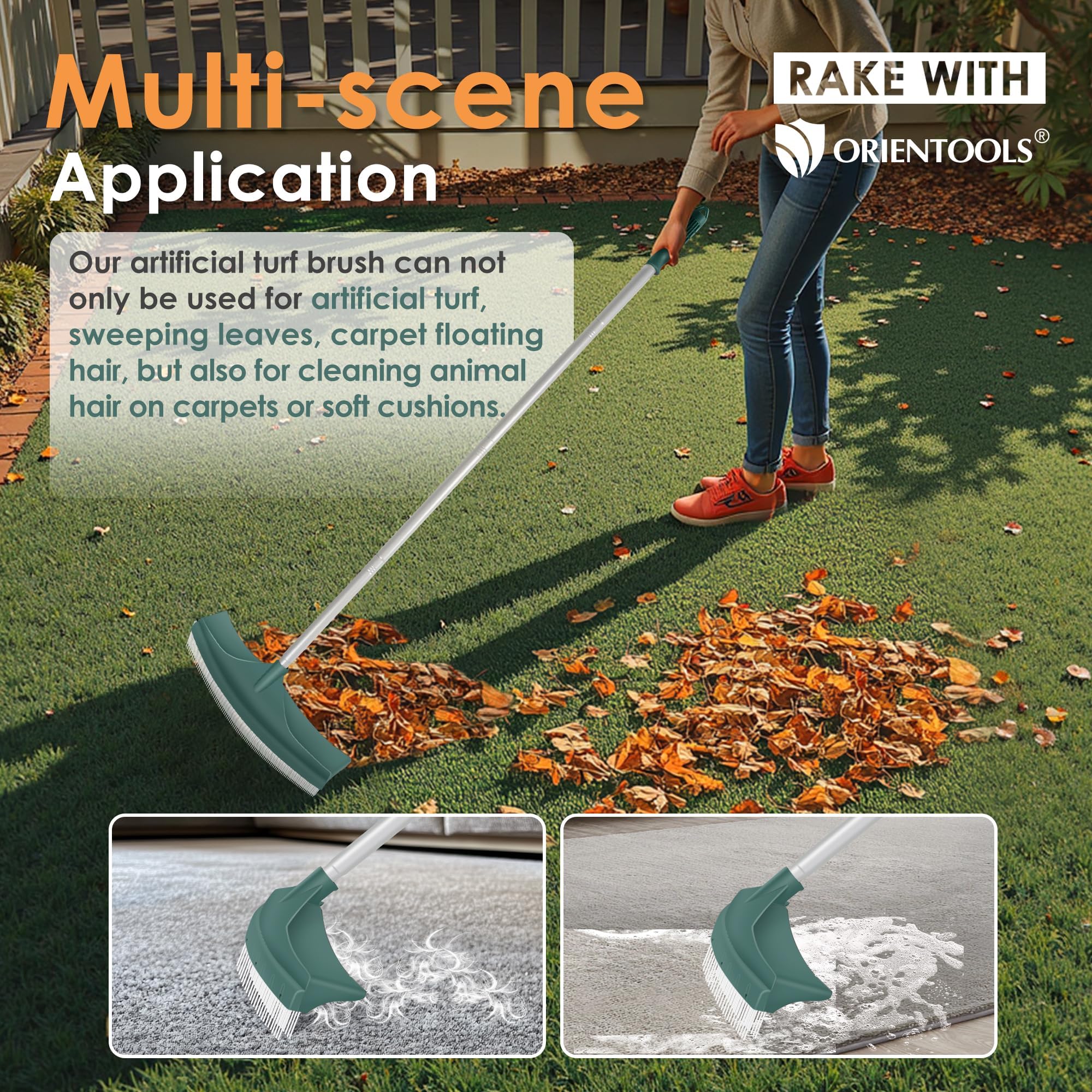 ORIENTOOLS Turf Rake in action cleaning pet hair from a carpet