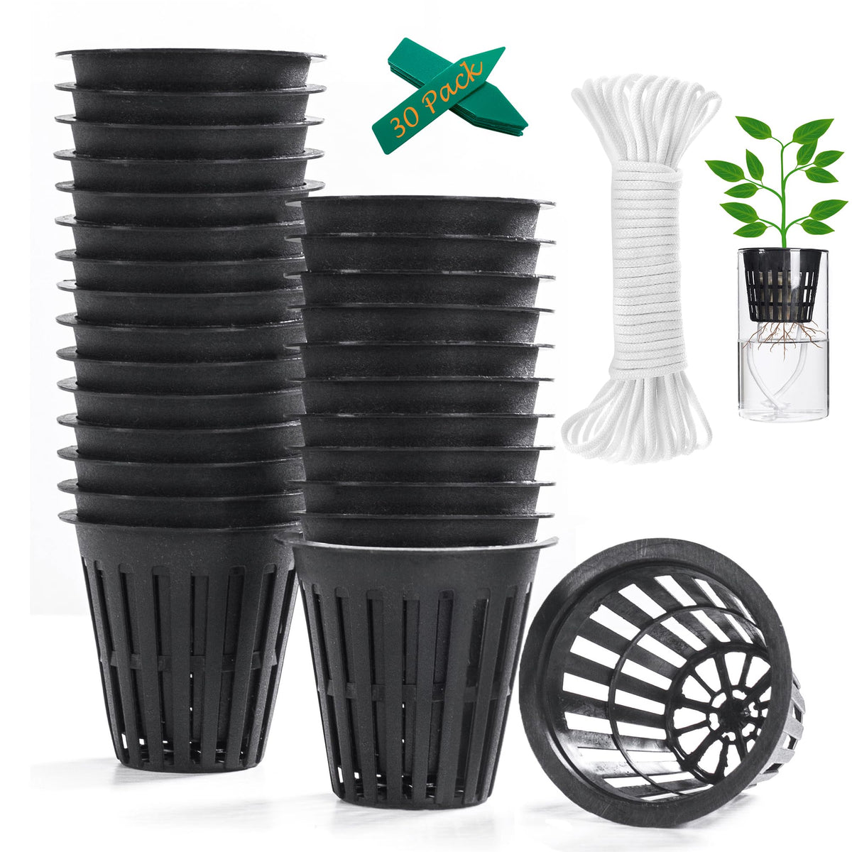 ORIMERC 2-inch net cup pots front view with plant labels