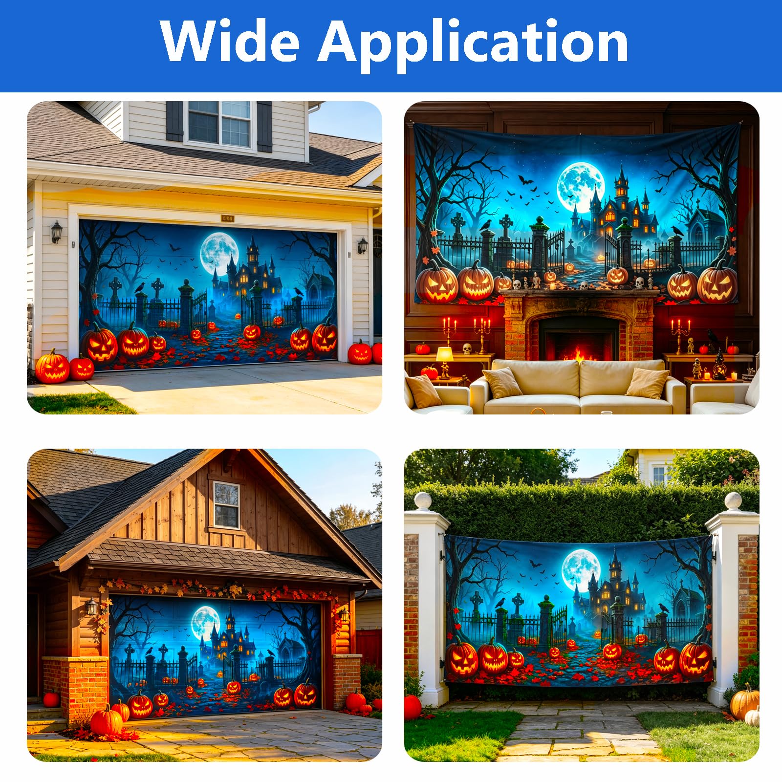 Ornairon Halloween cover displayed on a garage door with Halloween decorations