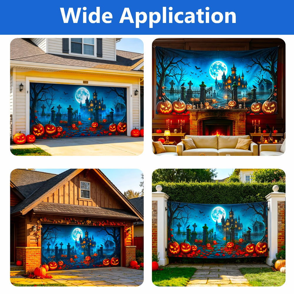 Ornairon Halloween cover displayed on a garage door with Halloween decorations