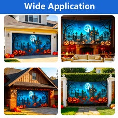 Ornairon Halloween cover displayed on a garage door with Halloween decorations