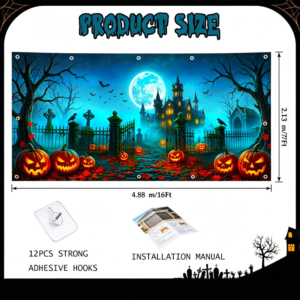 Ornairon Halloween door cover displayed at night with spooky lighting