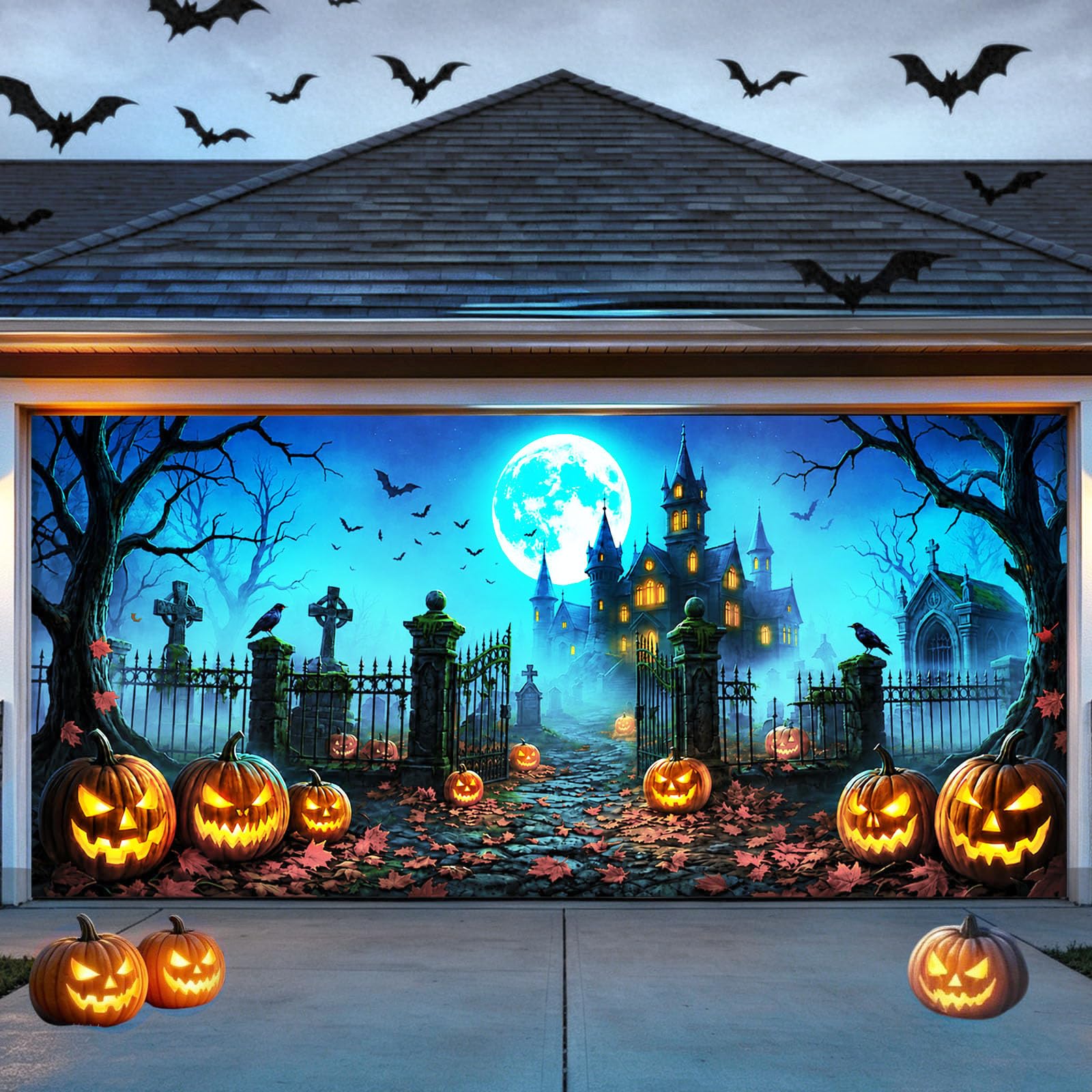 Ornairon Halloween Garage Door Cover 7x16 Ft with spooky haunted house design