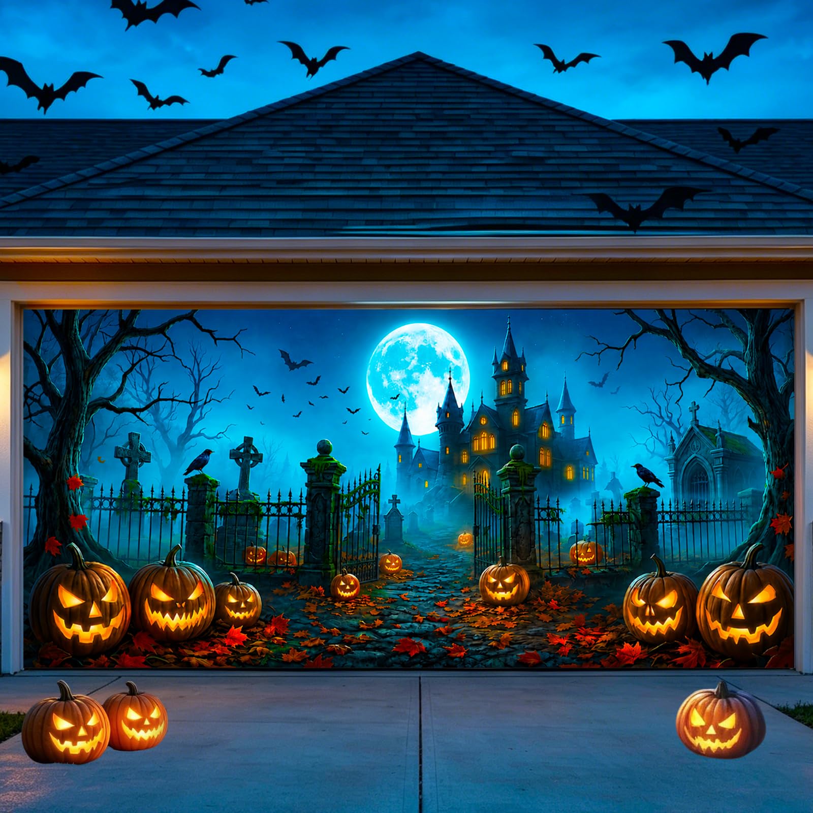 Ornairon Halloween Garage Door Cover being installed on a garage