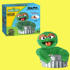 Oscar the Grouch Chia Pet in a gardening setting