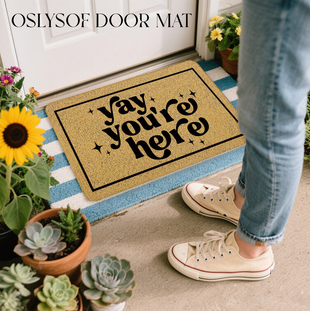 OSLYSOF Funny Welcome Door Mat displayed in a garden setting