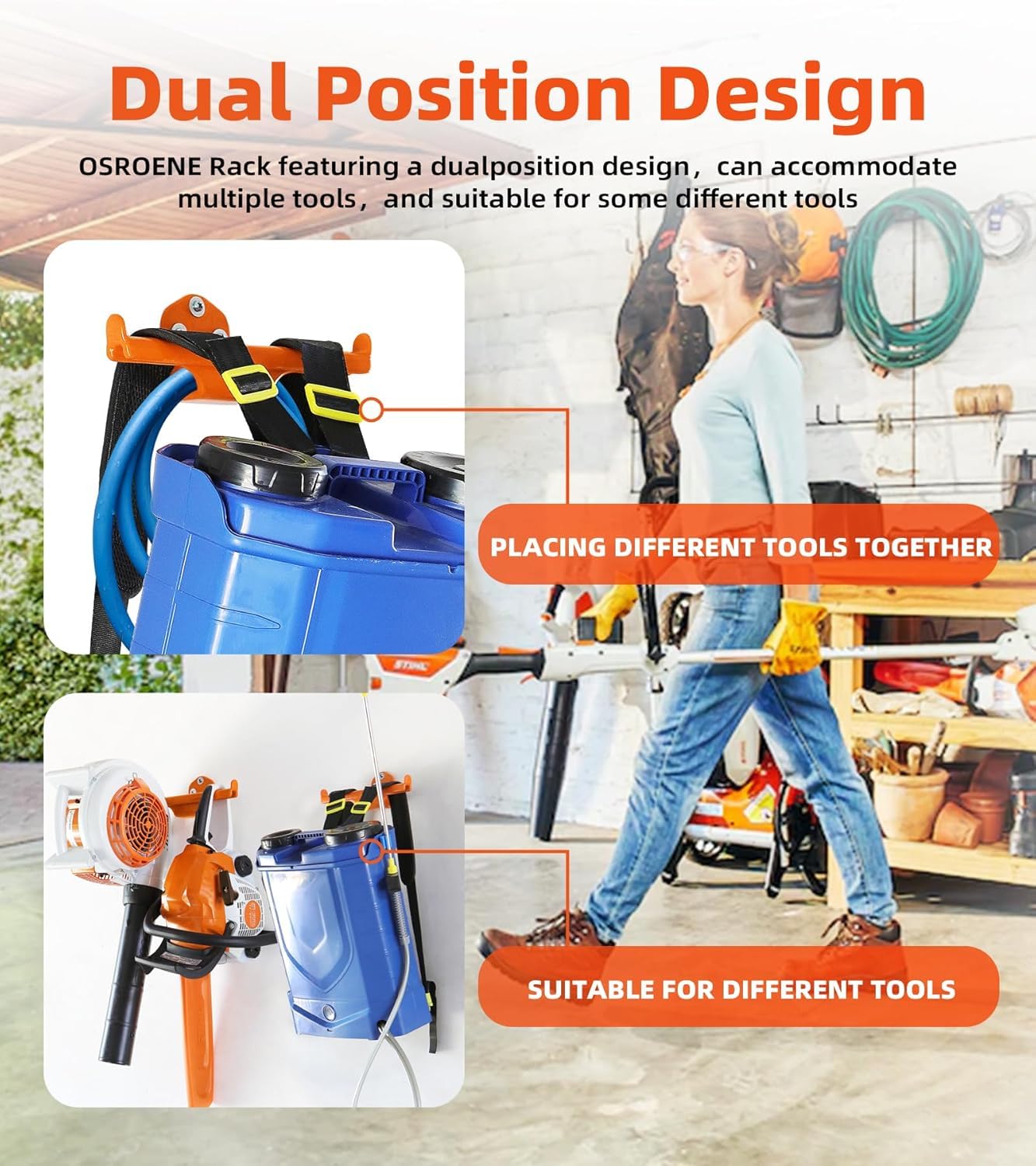 OSROENE Backpack Blower Rack showing heavy-duty steel construction