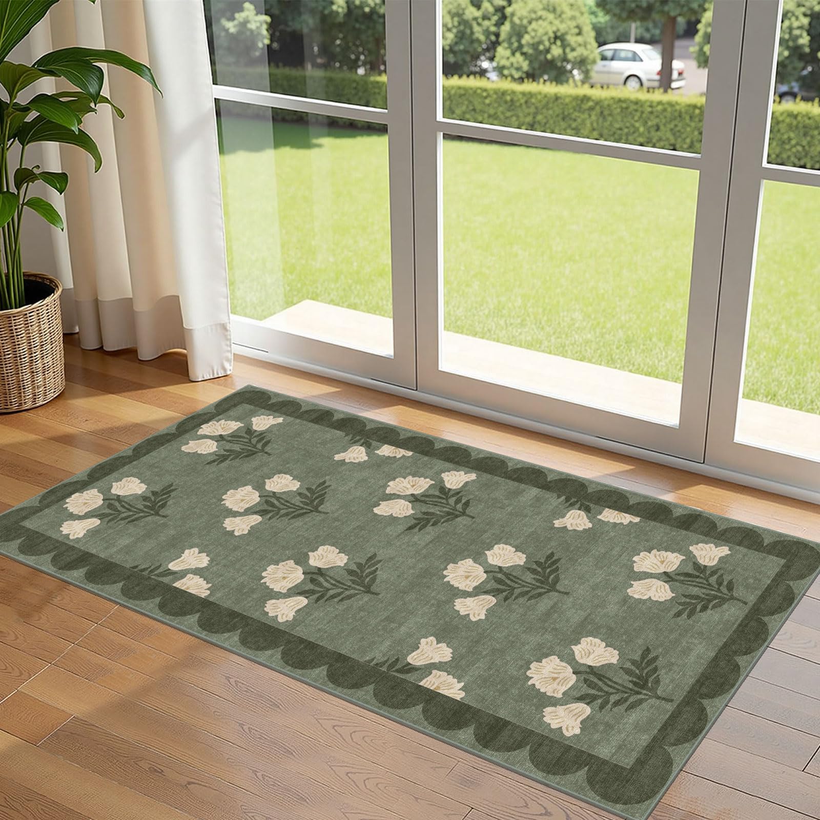 Othilic 2' x 4'3" sage green floral rug front view