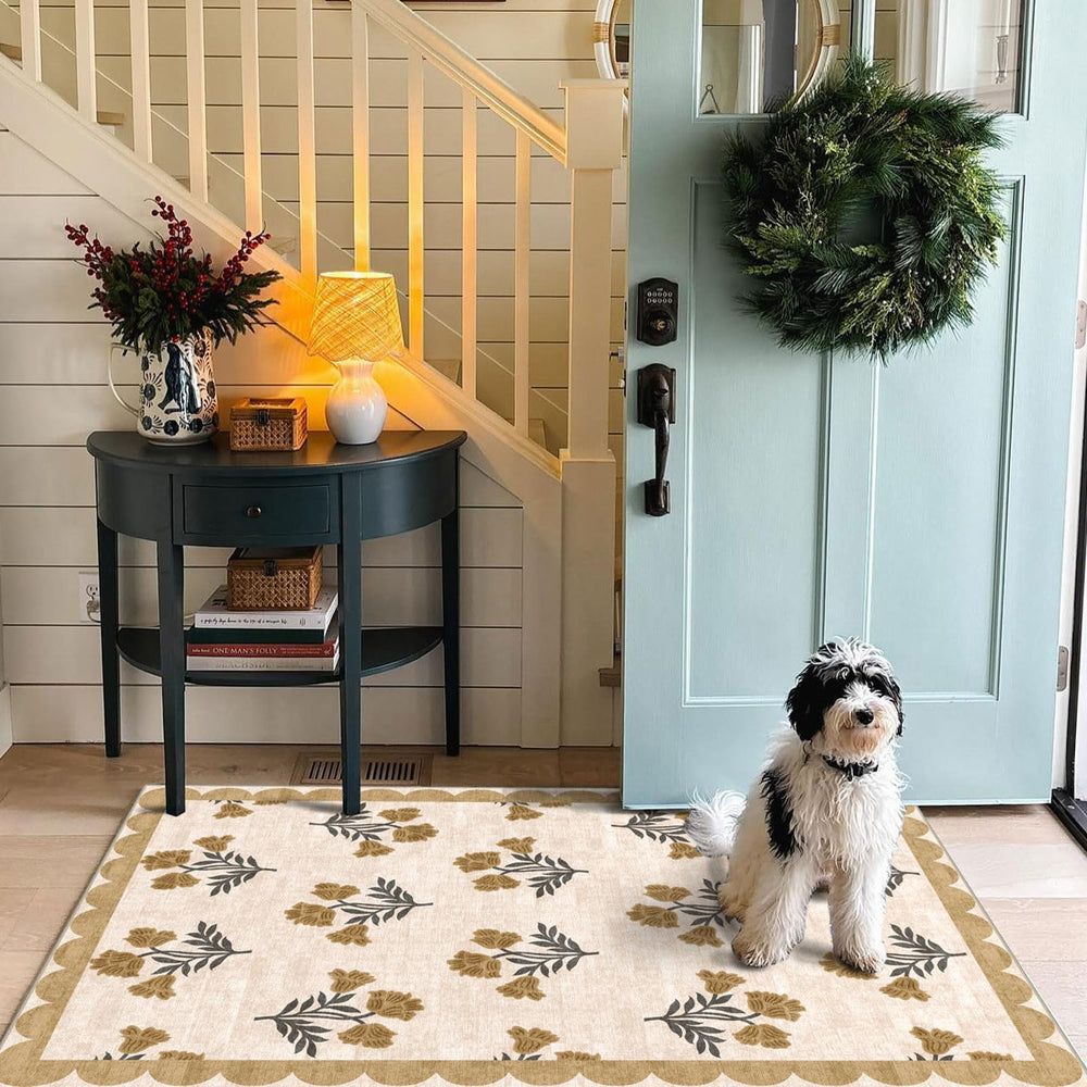 Othilic Floral Entry Rug in folded position showing creases