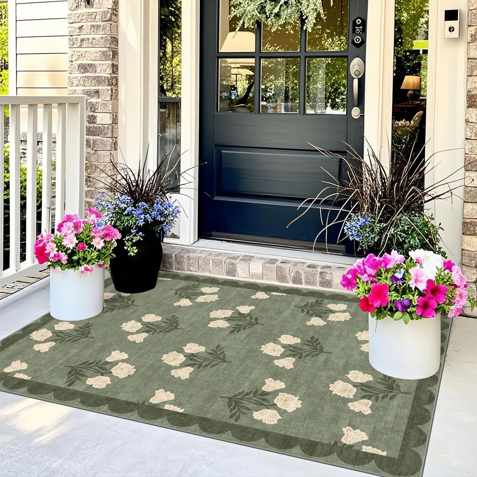 Othilic Floral Rug laid out on a porch
