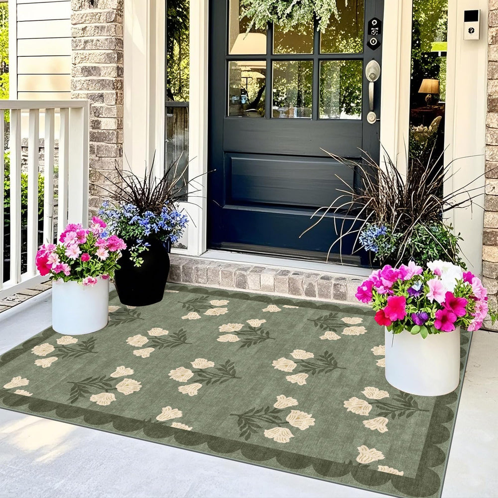 Othilic Floral Rug laid out on a porch