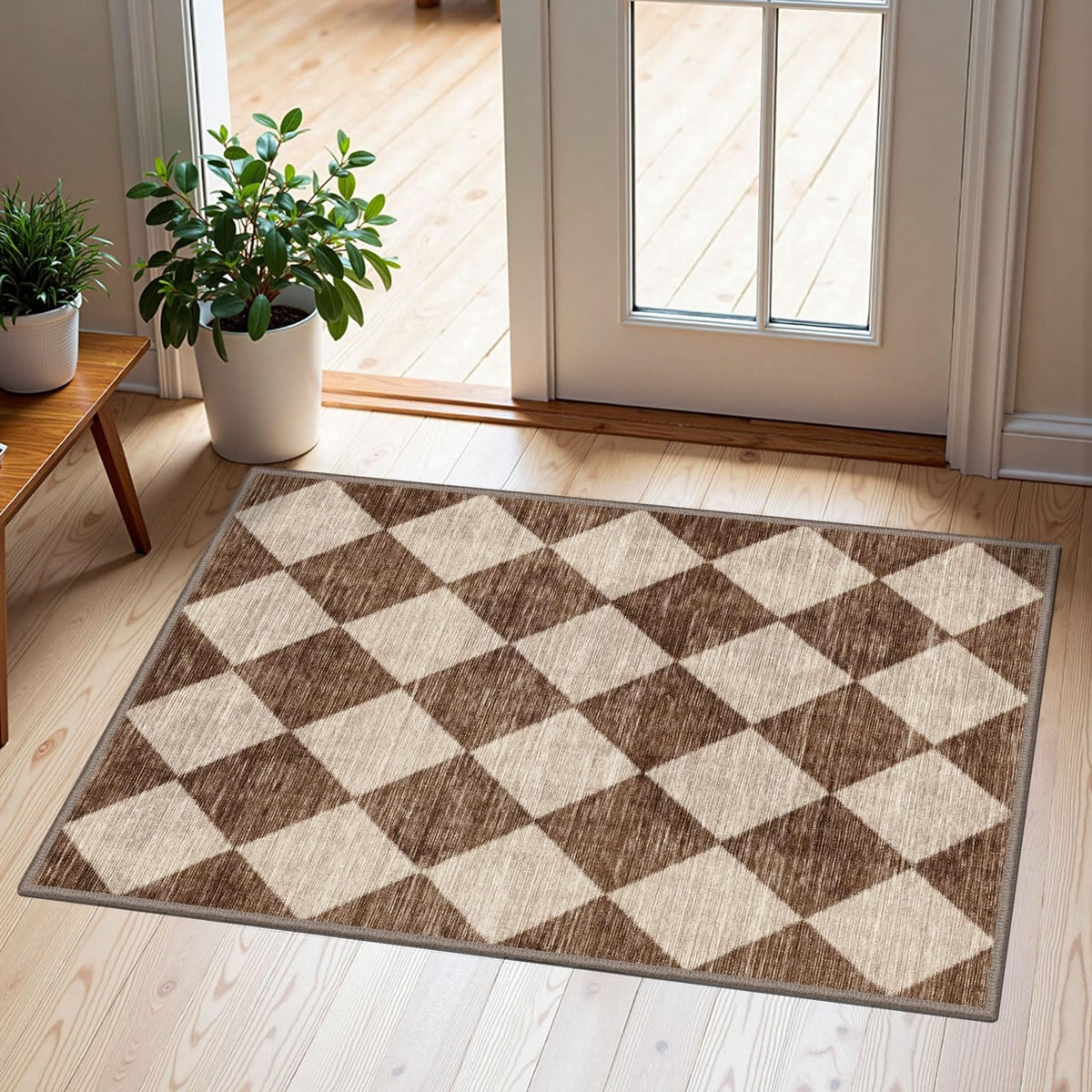 Othilic Front Door Rug 2x3 brown beige checkered diamond pattern front view