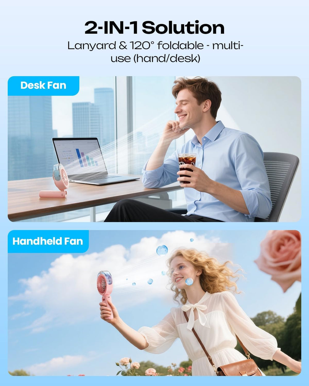 Otlonpe Handheld Misting Fan compact size comparison next to a water bottle