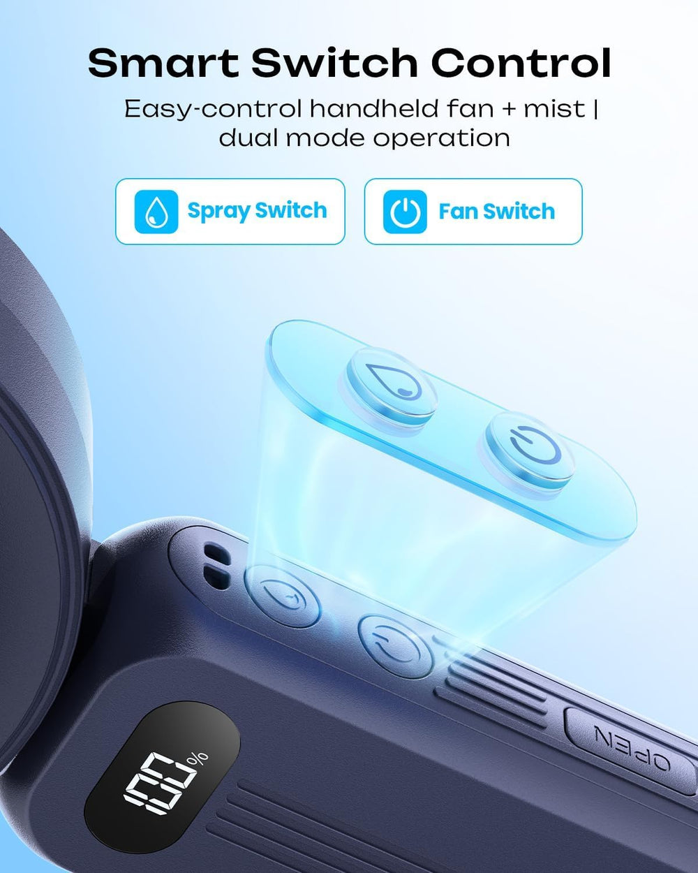 Otlonpe Handheld Misting Fan demonstrating 4-speed settings