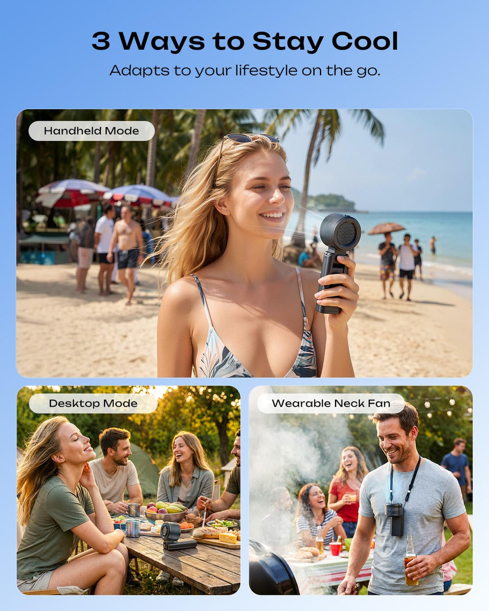 Otlonpe Handheld Misting Fan in use at the beach