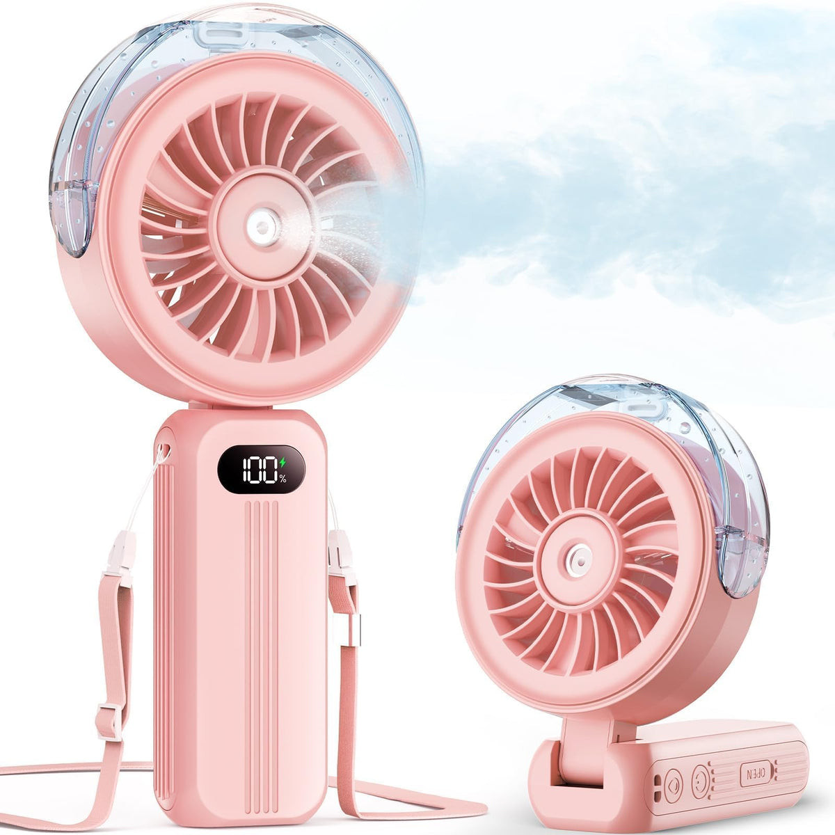 Otlonpe Handheld Misting Fan pink front view with water mist feature