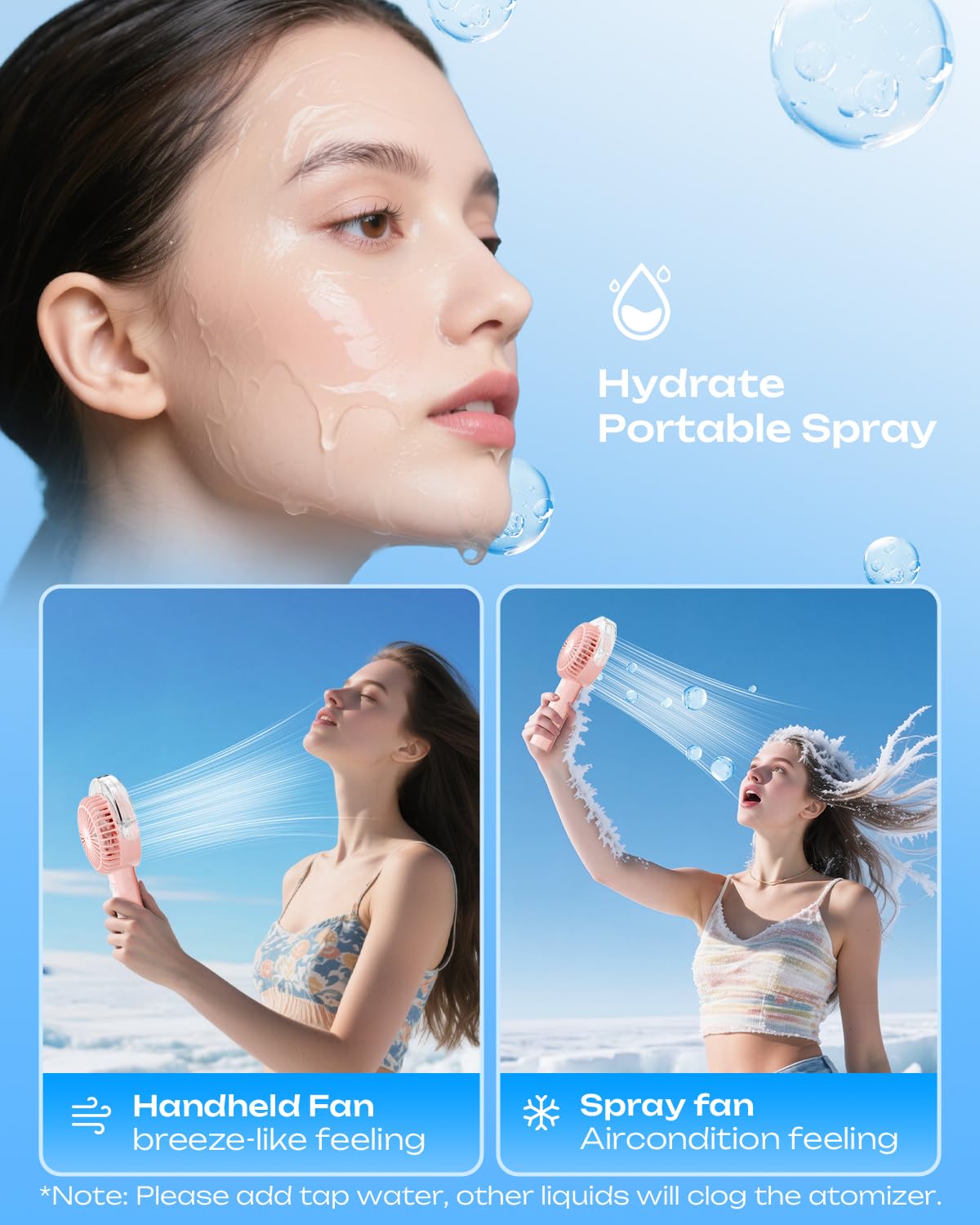 Otlonpe Handheld Misting Fan with USB-C charging cable