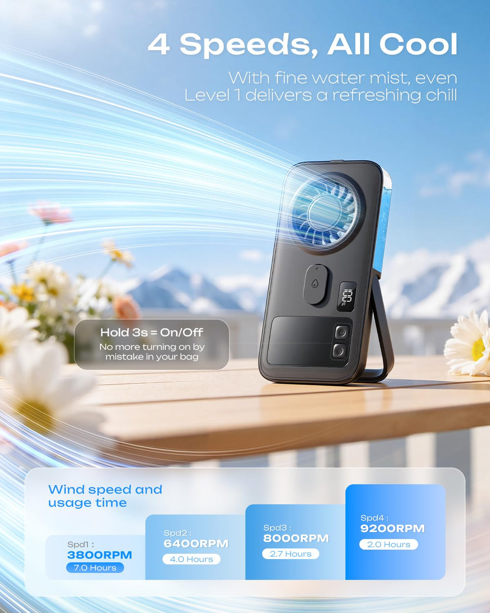 Otlonpe Mini Handheld Misting Fan in use outdoors