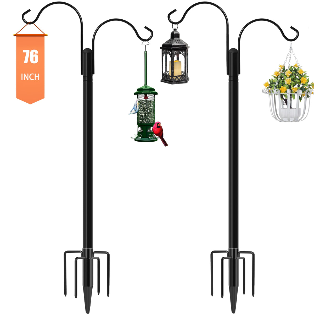 Ottsuls Bird Feeder Pole 76 IN front view with double shepherd's hooks