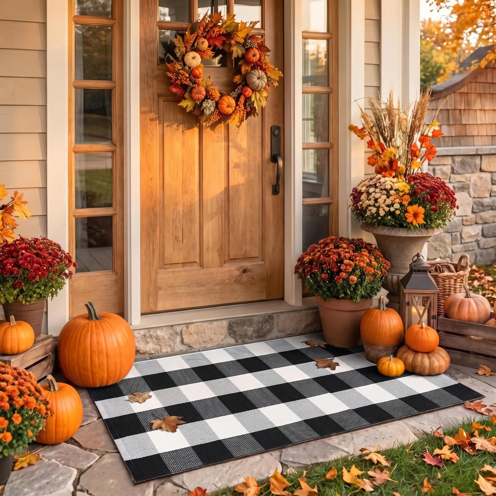 Ouddy Mode Buffalo Plaid Fall Door Mat front view, black and white