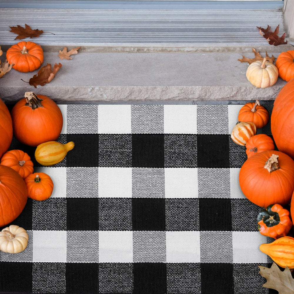 Ouddy Mode Buffalo Plaid Fall Door Mat in a laundry room