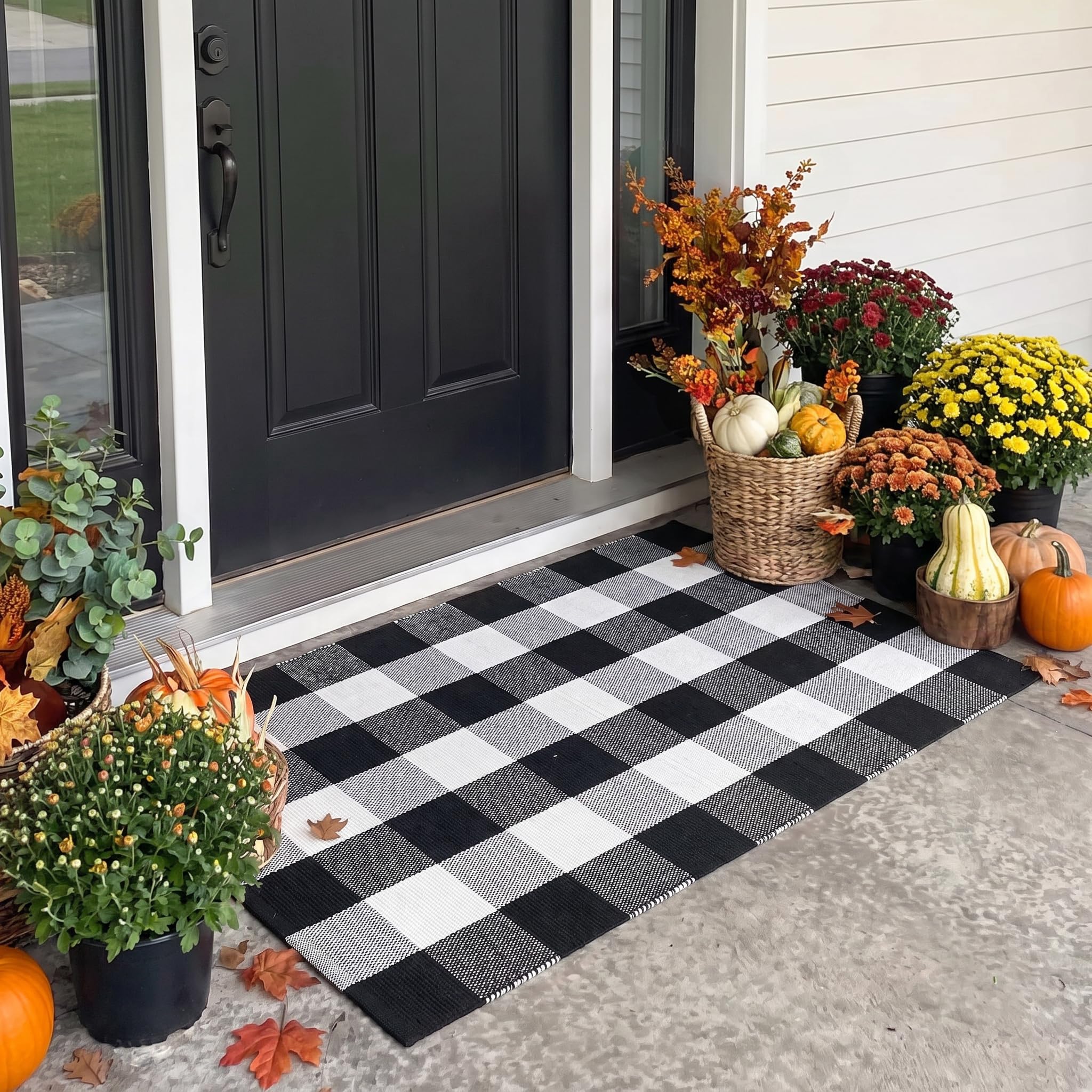 Ouddy Mode Buffalo Plaid Fall Door Mat on a porch