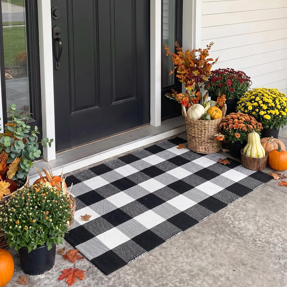 Ouddy Mode Buffalo Plaid Fall Door Mat on a porch