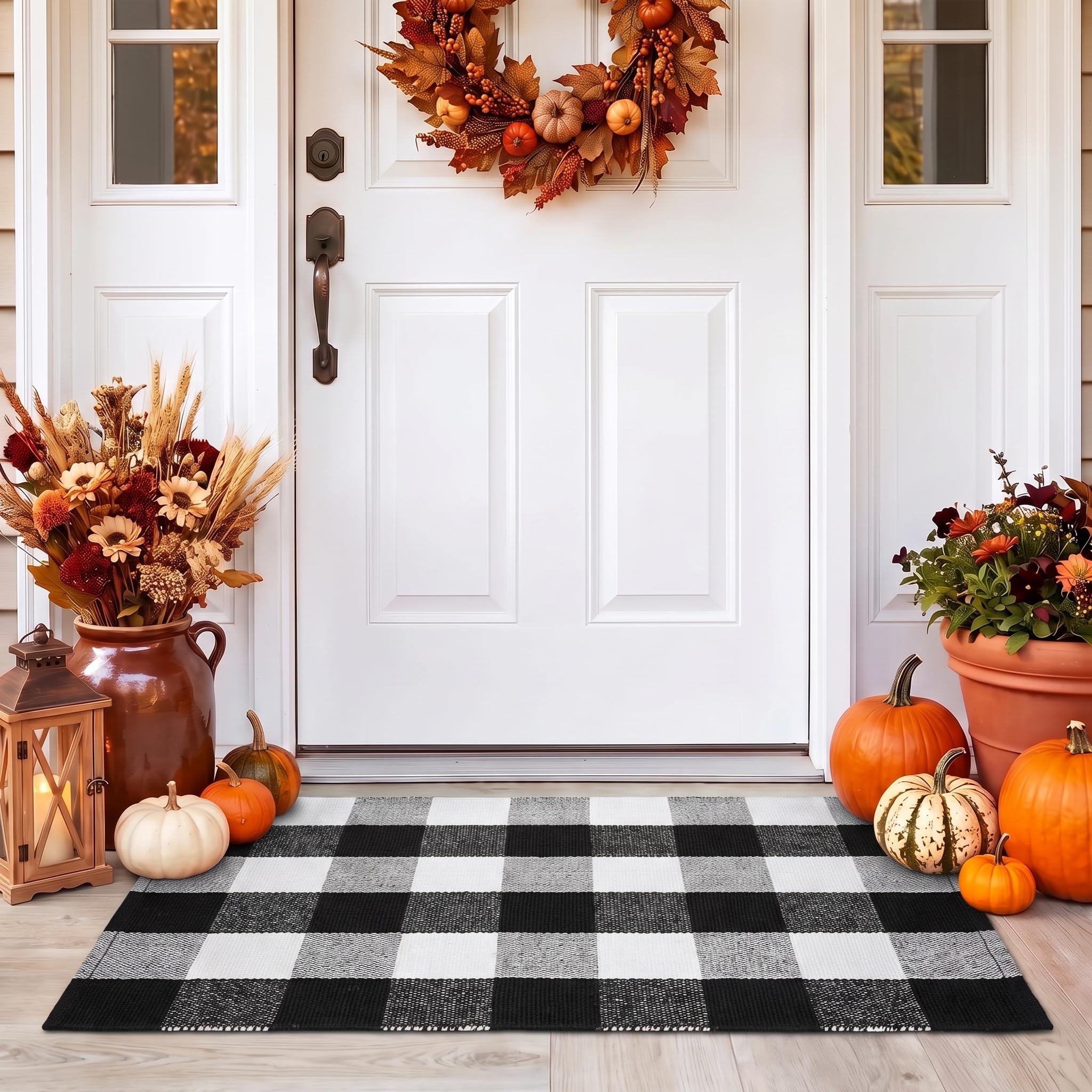 Ouddy Mode Buffalo Plaid Fall Door Mat side view with dimensions