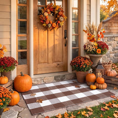 Ouddy Mode Fall Door Mat front view, buffalo plaid design in brown and white