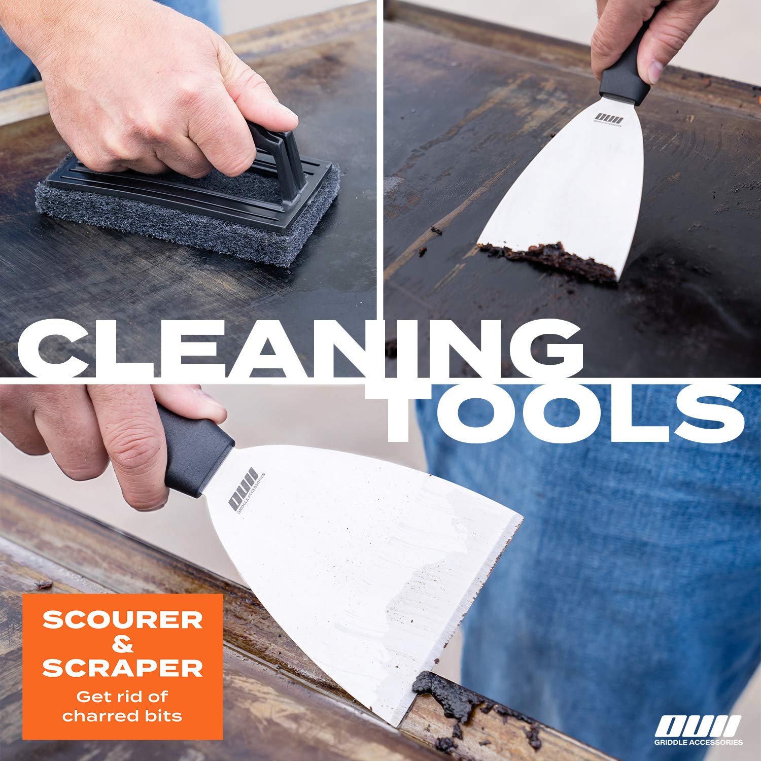 OUII griddle tools with heat-resistant handles