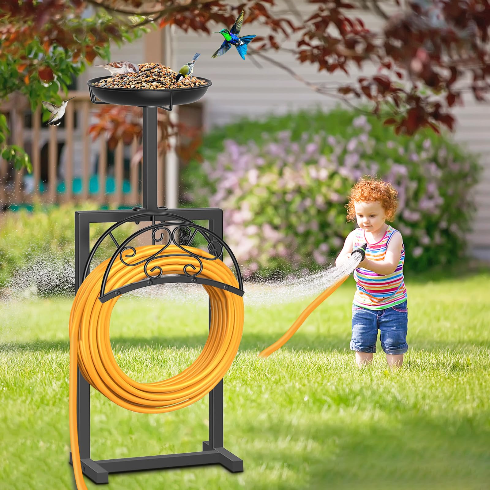 Ouinis Garden Hose Holder with birds feeding on trays