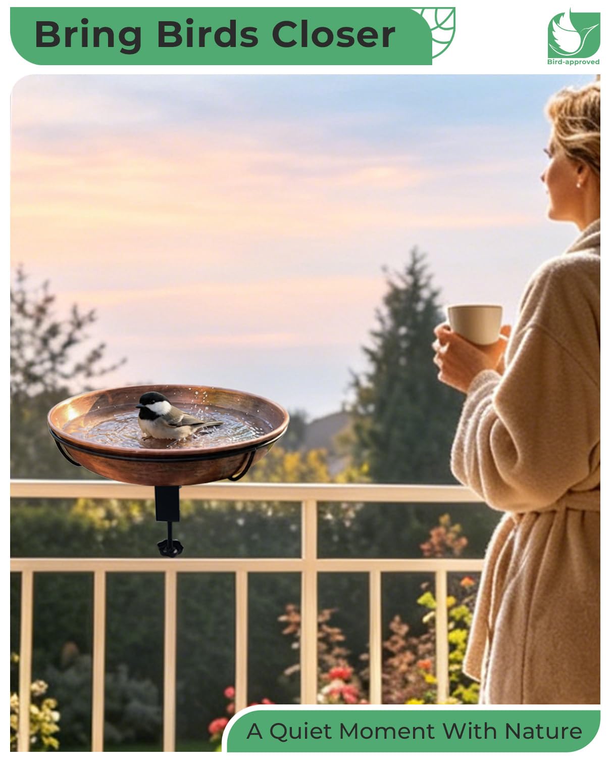 OUISJYER bird bath mounted on a deck railing