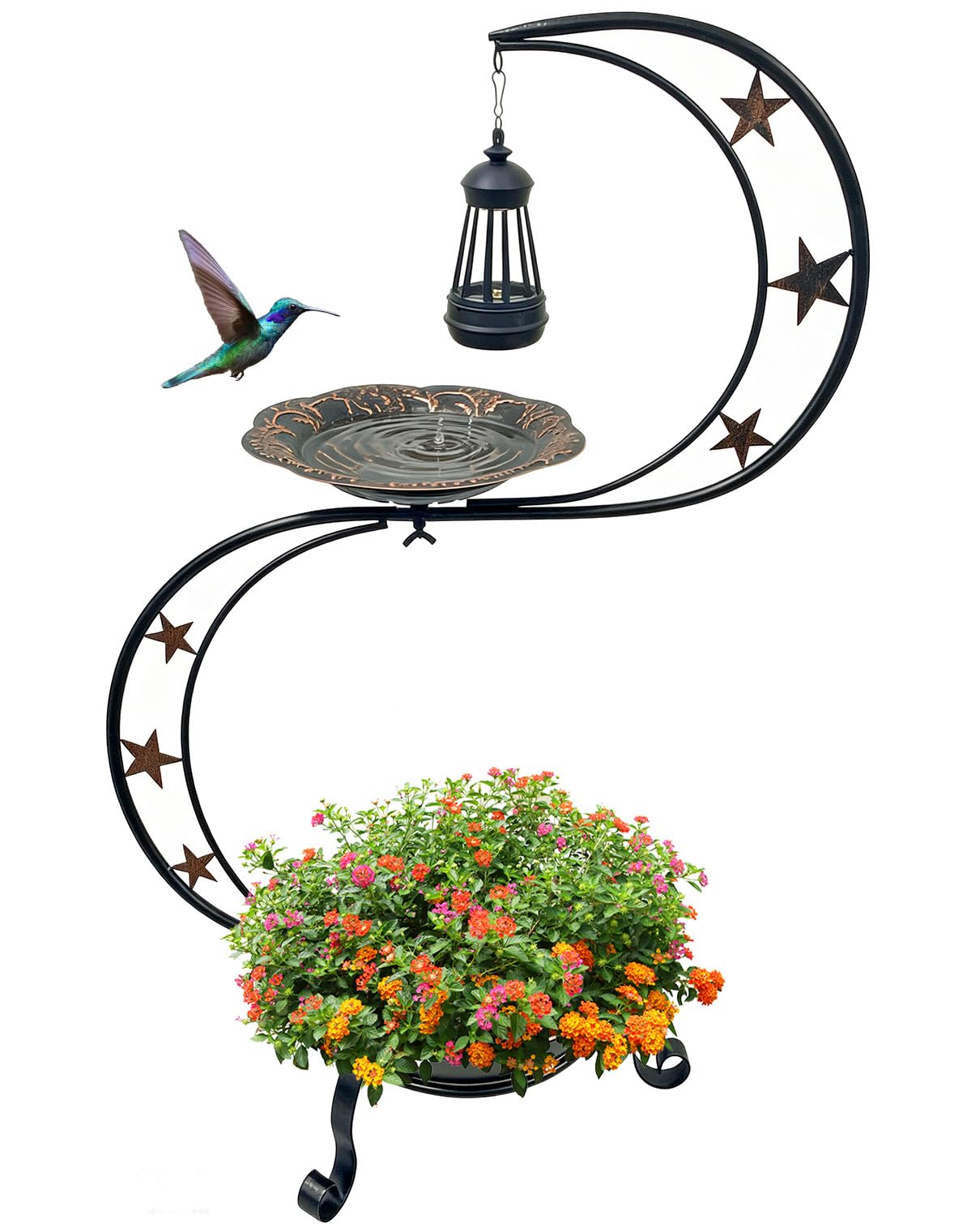 OUISJYER Solar Bird Bath with floral design and flower planter in copper