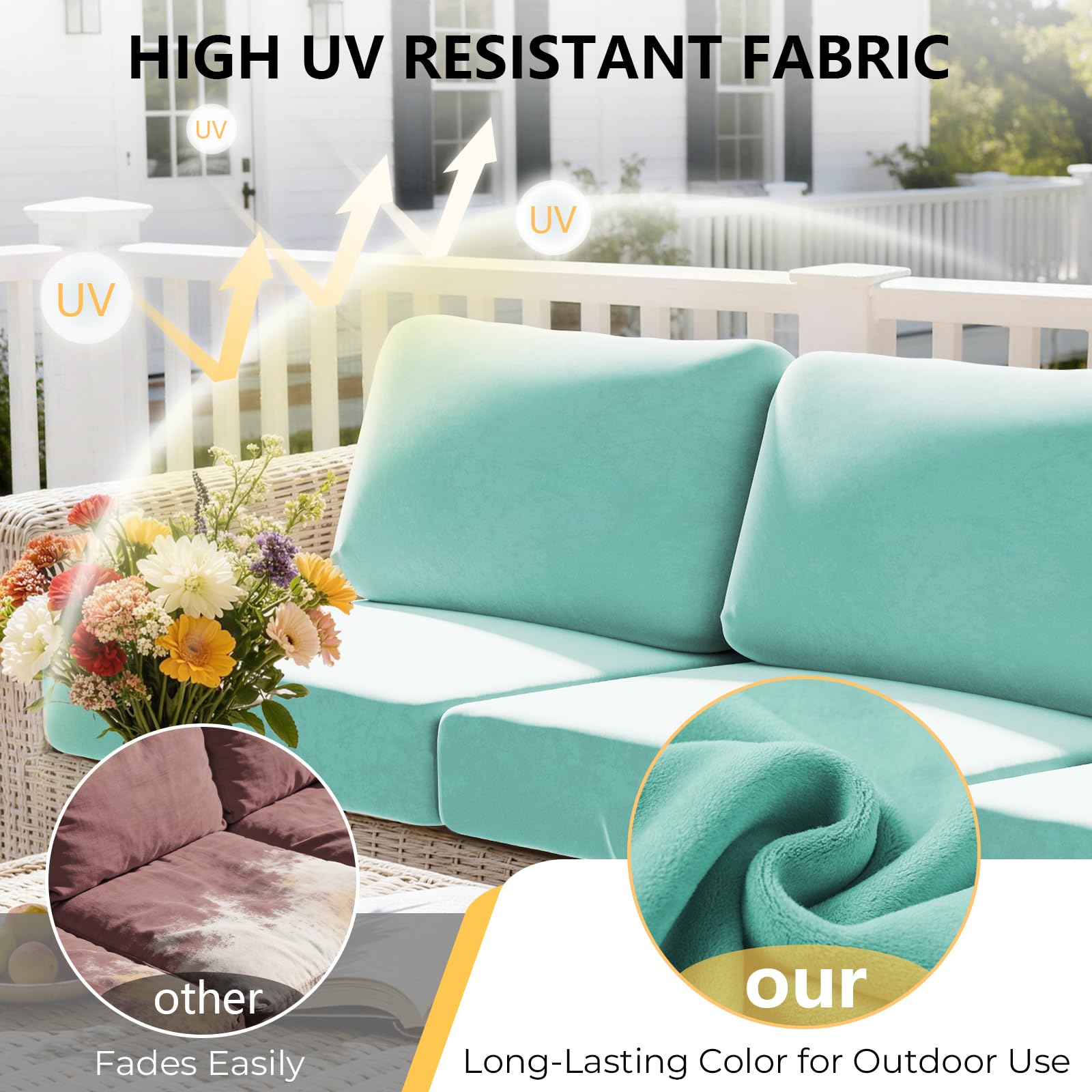 Oungelark cushion covers in a garden setting