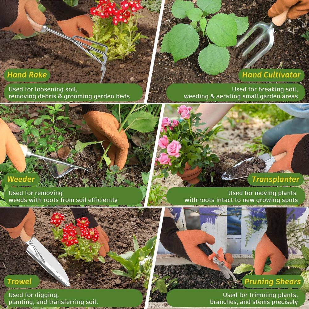 OUREST garden gloves next to gardening tools