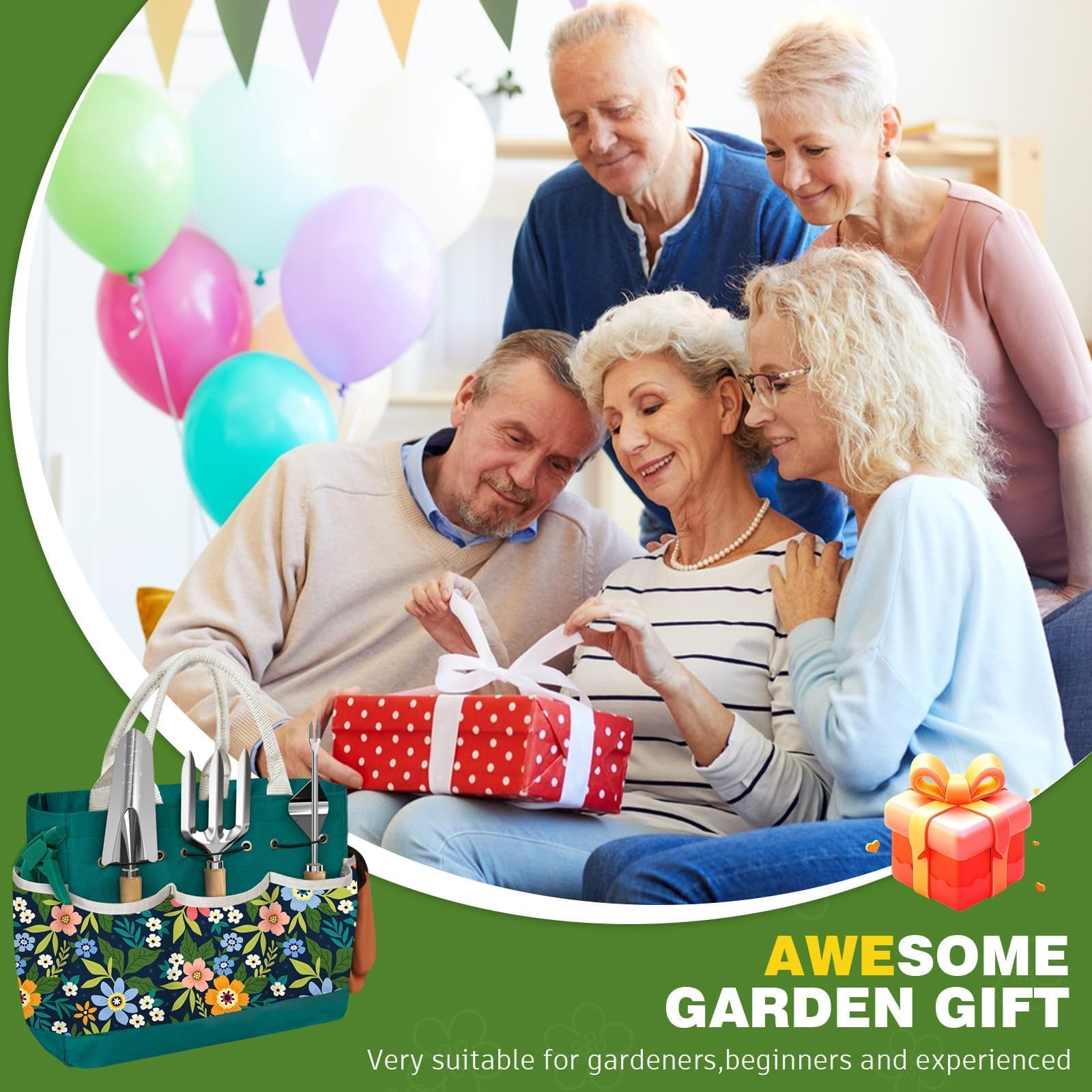 OUREST gardening tools set displayed with plant tags