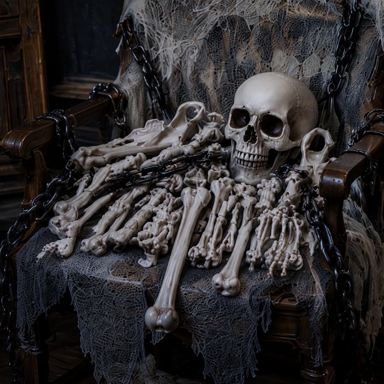 Outdoor arrangement of Daricano skeleton bones in a graveyard scene