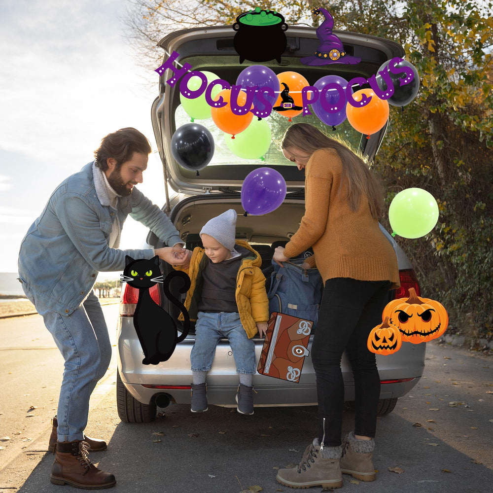 Outdoor display of Halloween decorations on a garage door