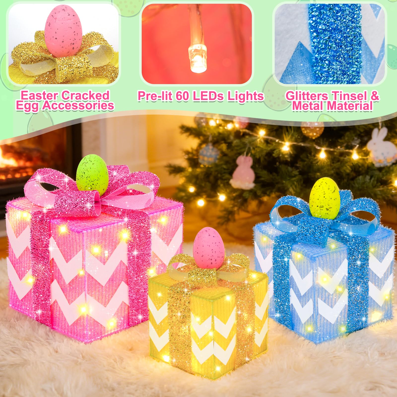 Outdoor display of TURNMEON Easter gift boxes on a patio