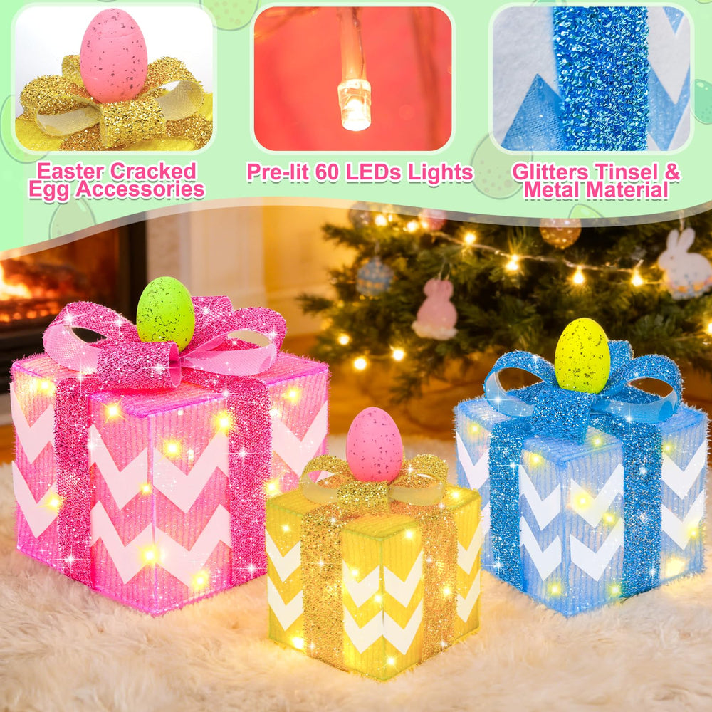 Outdoor display of TURNMEON Easter gift boxes on a patio