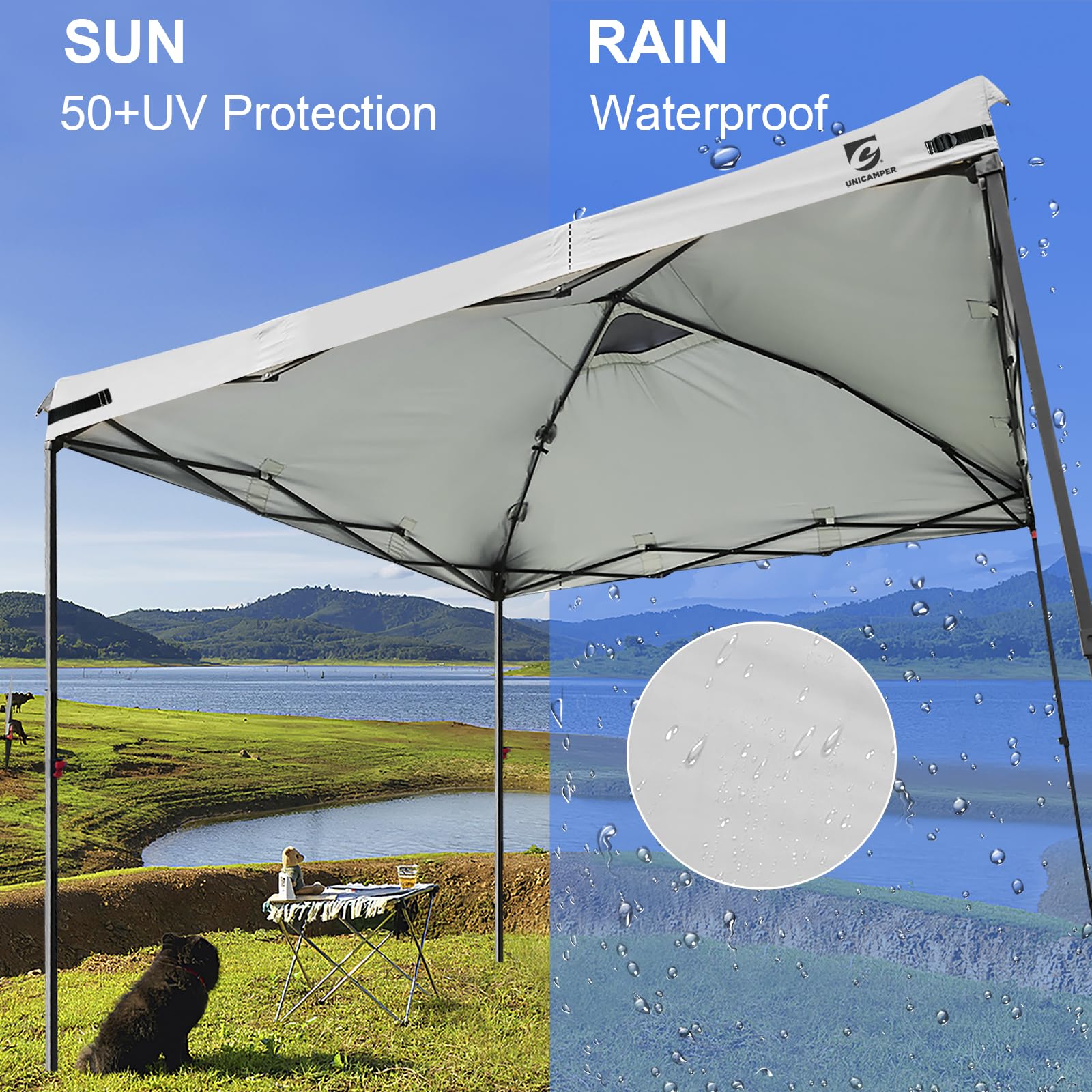 Outdoor event setup with UNICAMPER canopy top in use