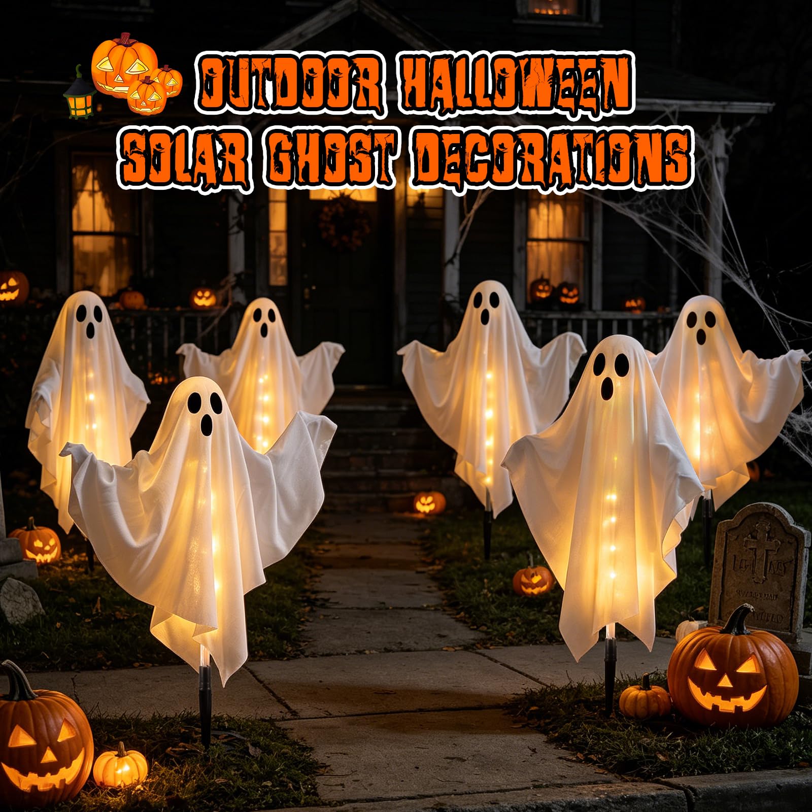 Outdoor FairyGlim ghost lights in a spooky Halloween setup