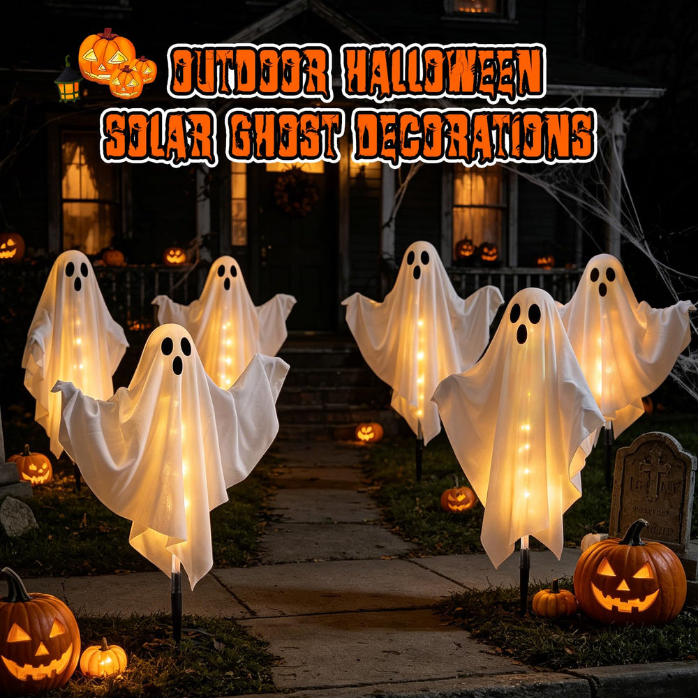 Outdoor FairyGlim ghost lights in a spooky Halloween setup