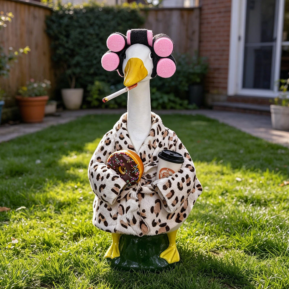 Outdoor garden with CHAONENG decorated goose wearing leopard outfit