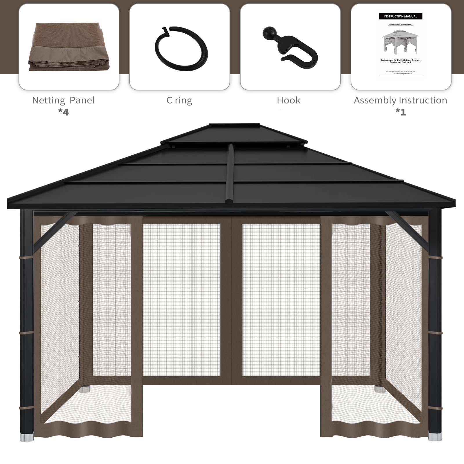 Outdoor gazebo with installed mosquito netting during daytime